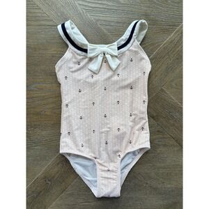 Hope and Henry Girls One Piece Sailor Swimsuit Light‎ Pink Anchor Print Bow 4T